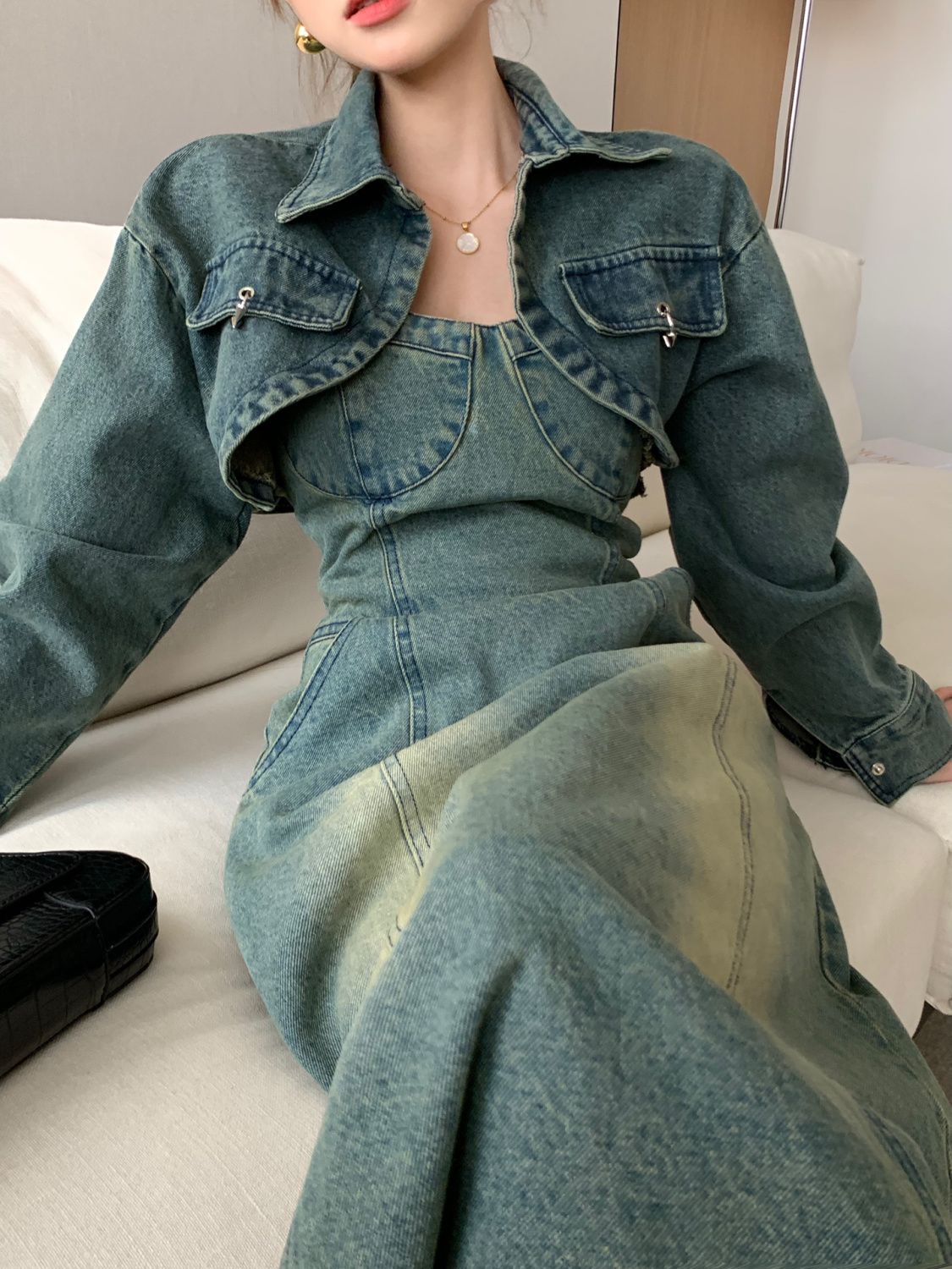 デニムスーツ ヴィンテージデニムショールショートジャケット女性ビスチェラインワンピーススリム2点セット