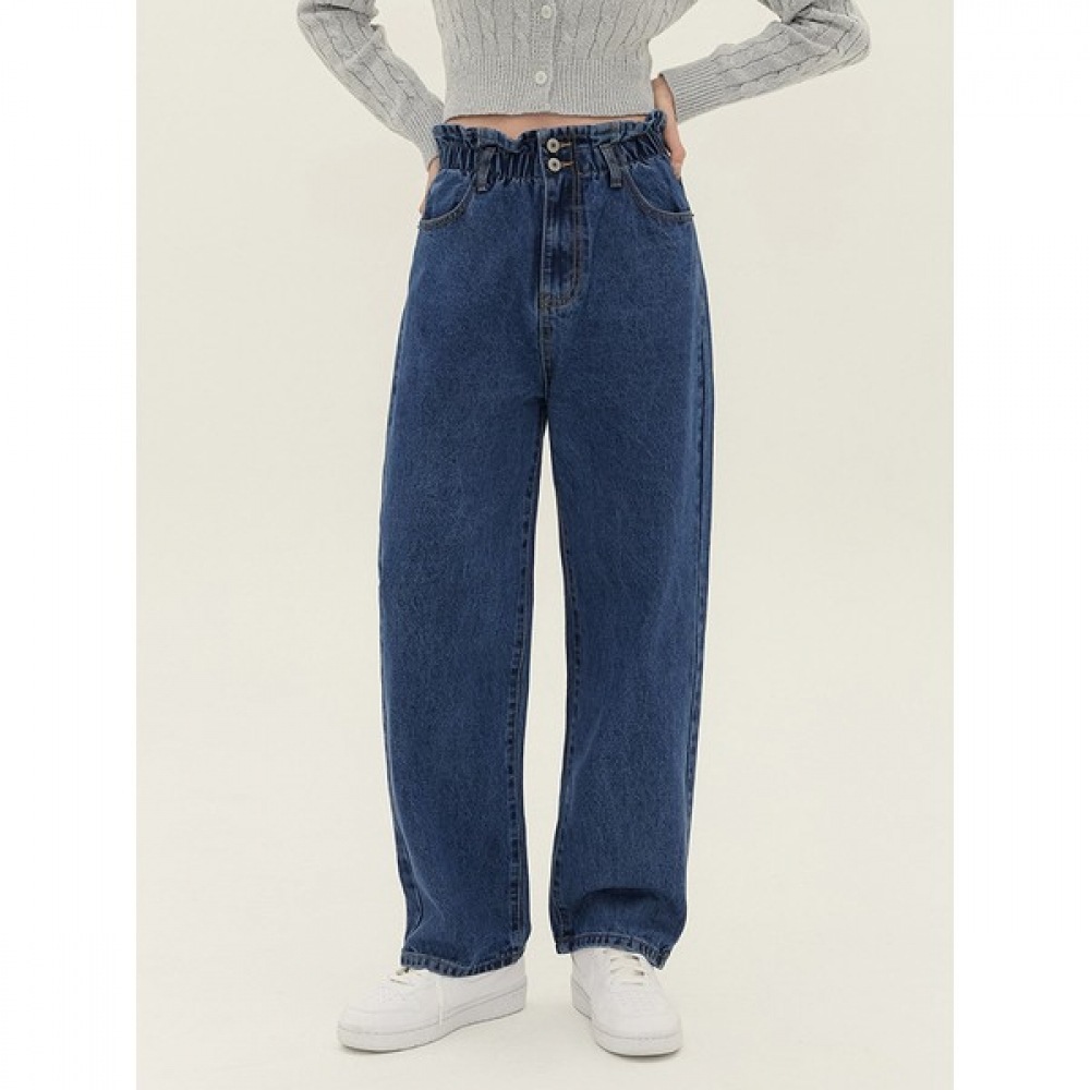 [ジンマニア] レディースツーボタンダークブルーバンディングワイドデニムレディースパンツ