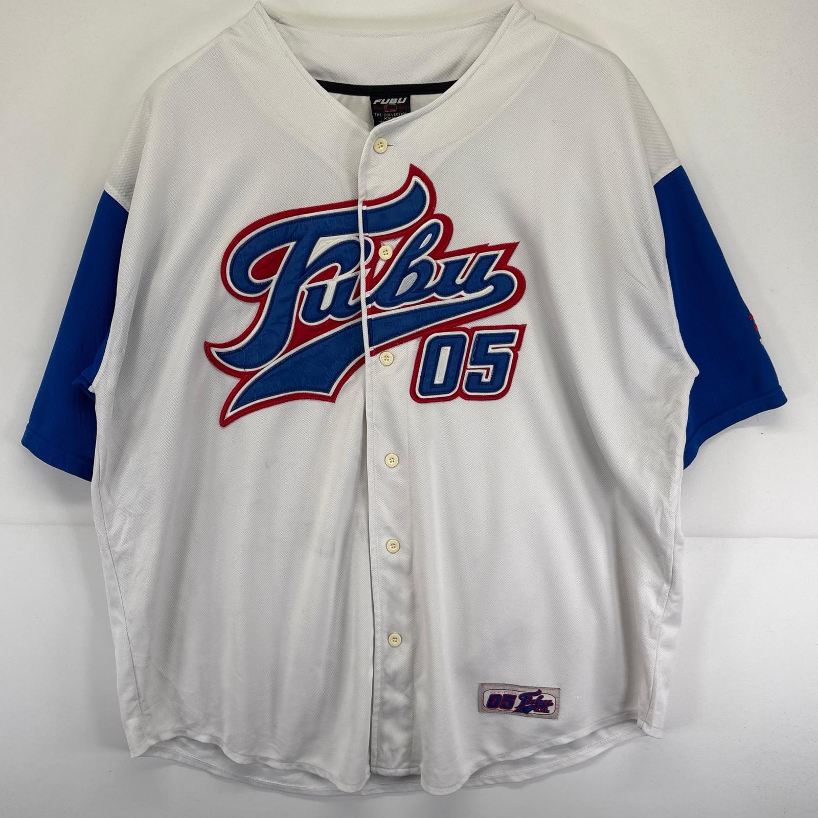 古着 フブ FUBU 半袖 ゲームシャツ スポーツ 大きいサイズ ボタン ストリート ロゴ刺繍 3XL ホワイト メンズ