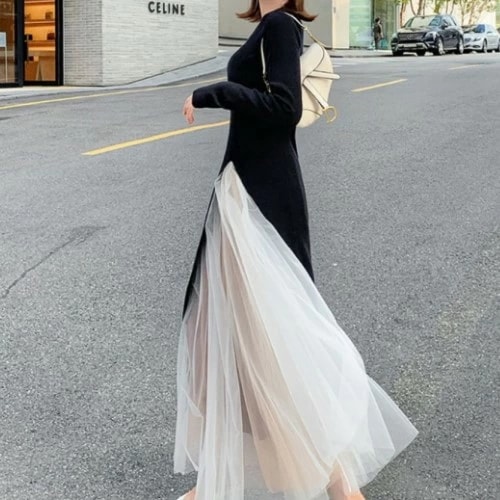 2019年秋 冬 ニット+ チュールスカート セットアップ ディープ スリット レディース ワンピース トップス スカート 2点セット 長袖 ニット ロングニット スリット チュール ロングスカート