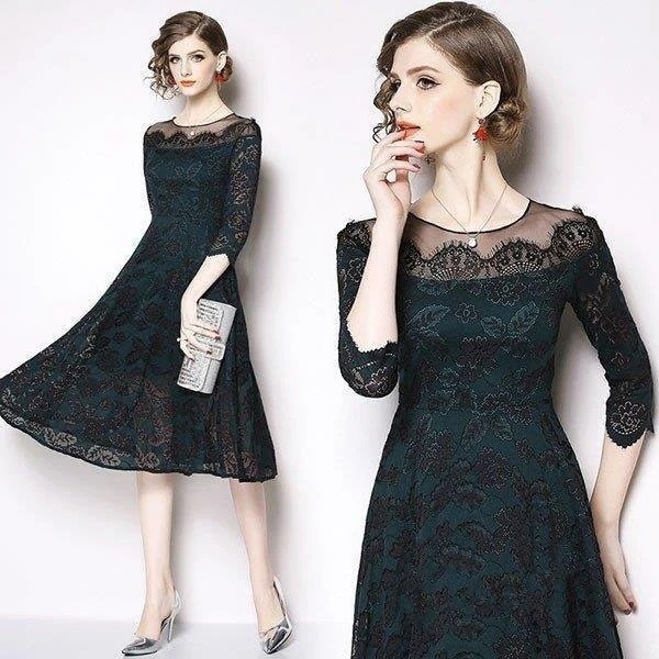 パーティードレス結婚式4020ロング丈袖あり長袖韓国風大きいサイズフォーマルドレスレースワンピースお呼ばれ二次会披露宴謝会上品着痩せ