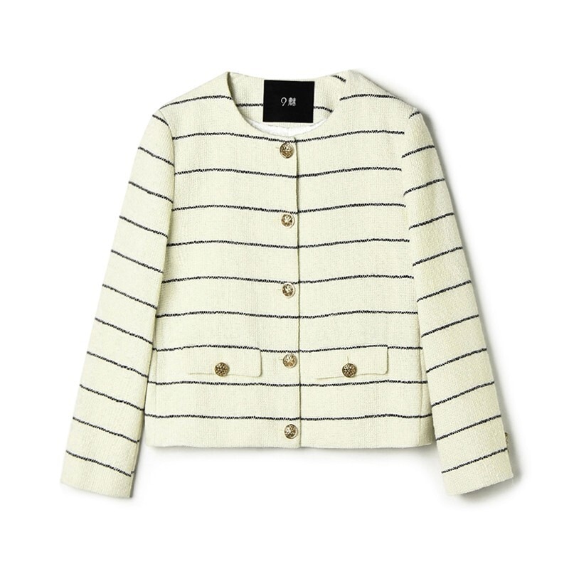 レディース ジャケット 長袖 ラウンドネック ボタンダウン フェミニン 前開き 中厚手 大人可愛い きれいめ 上品 おしゃれ こなれ感 マニッシュ エレガント ストライプ 春 秋 冬 授業参観 会議