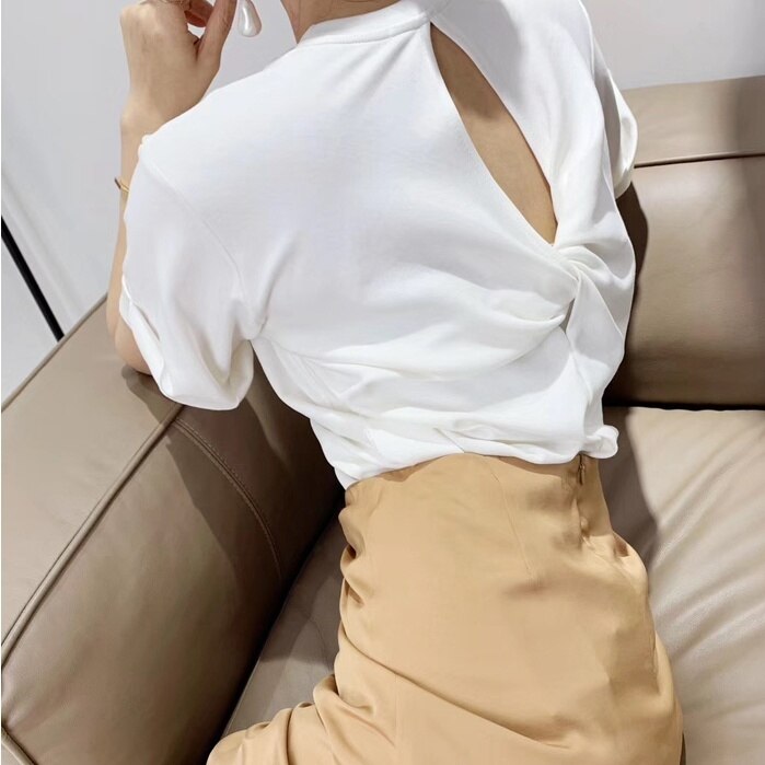 トップス レディース Tシャツ 白トップス 袖あり 半袖 ドロップショルダー ラウンドネック 背中空き 無地 きれいめ カジュアル 休日 公園 ママ 夏 旅行 ホワイト ブラック ネイビー オルチャン