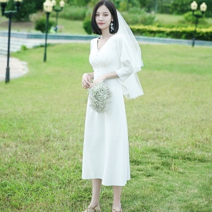 ドレス 衣装 ウエディングドレス カクテルドレス ミディアム丈ドレス 7分袖 Vネック ウエストマーク デザインボタン セミフレア ステージドレス 発表会 かわいい 大人可愛い きれいめ シンプル