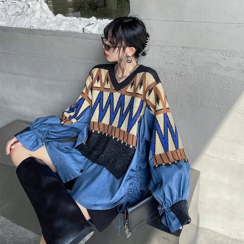 【J.Fashion】 欧美風 デニムドッキング セーター 春秋 vネック ニット レイヤード レディース トップス メガ割30%までに制限