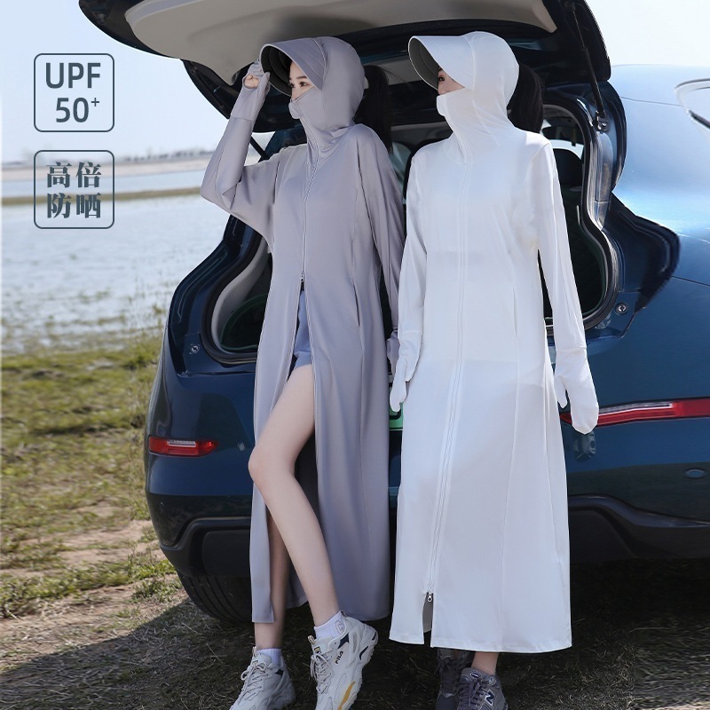 女性用夏用ロング日焼け止め服抗uvアイスシルク通気性日焼け止めジャケットアウトドアサイクリング全身薄い日焼け止め服