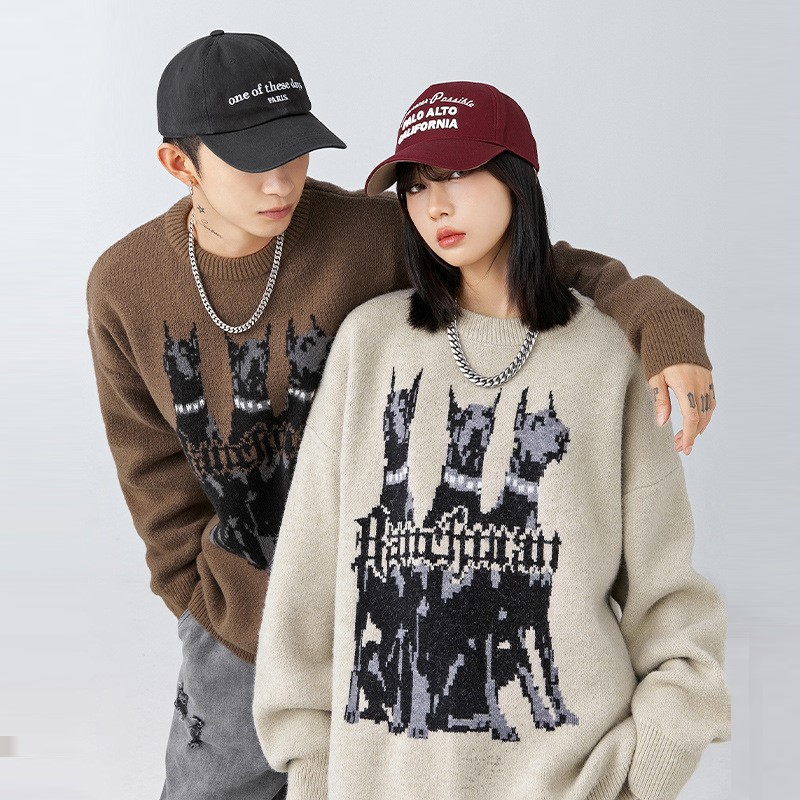 韓国メンズファッション メンズ アウター アウター コート ジャケット韓メンズニット セーター復古ファッションカートゥーンプリントカップルセーター丸ネック大きいサイズYYF836