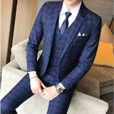 大人の魅力スーツ メンズ スーツセット チェック柄 ジャケット+ベスト+パンツ スーツ3点セット 大