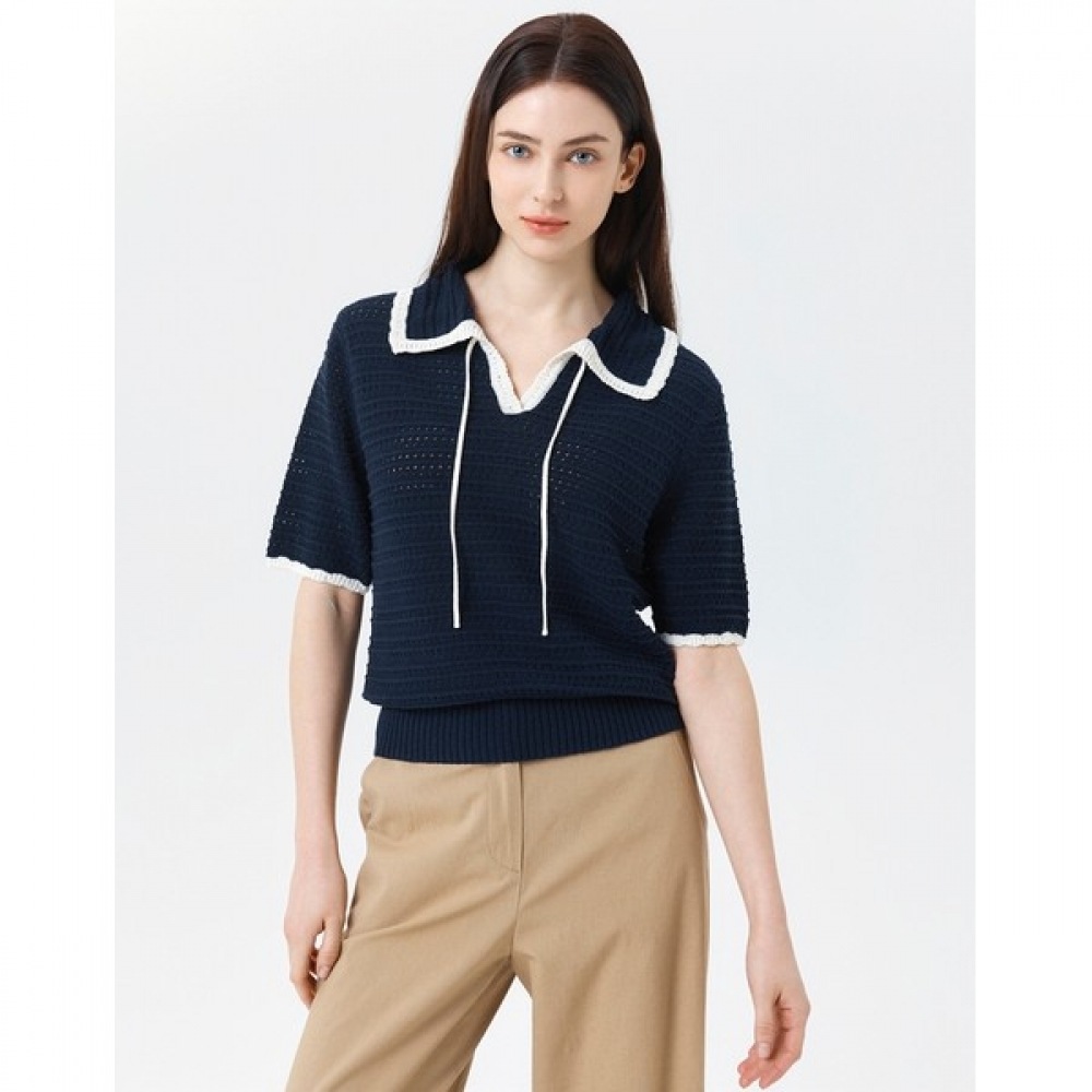 (ヘッジズレディース) 24SS ネイビーかぎ針編みカラーカラーセーター HSSW4B303N2