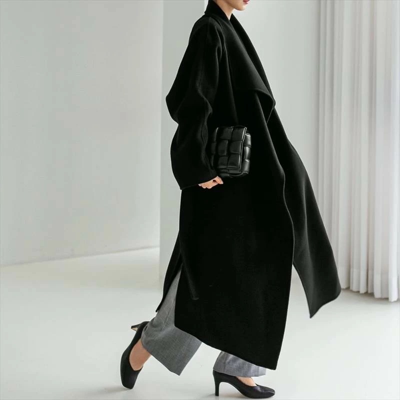 レディース コート 前開き ロングコート ロング 長袖 襟付き フェミニン ベルト ウエストマーク コンサバ 上品 おしゃれ かっこいい レトロ こなれ感 ラフ 個性的 クール モード系 エレガント