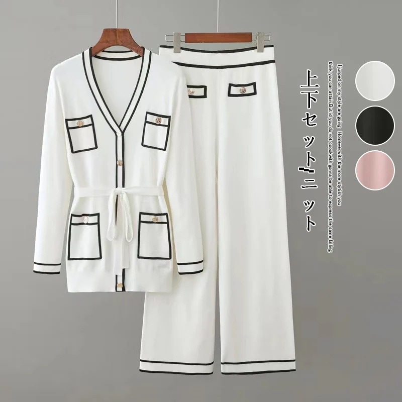 【1つ買うと10個無料】ニット セットアップ　レディース23セットアップ着痩せ カーディガン+ワイドパンツ