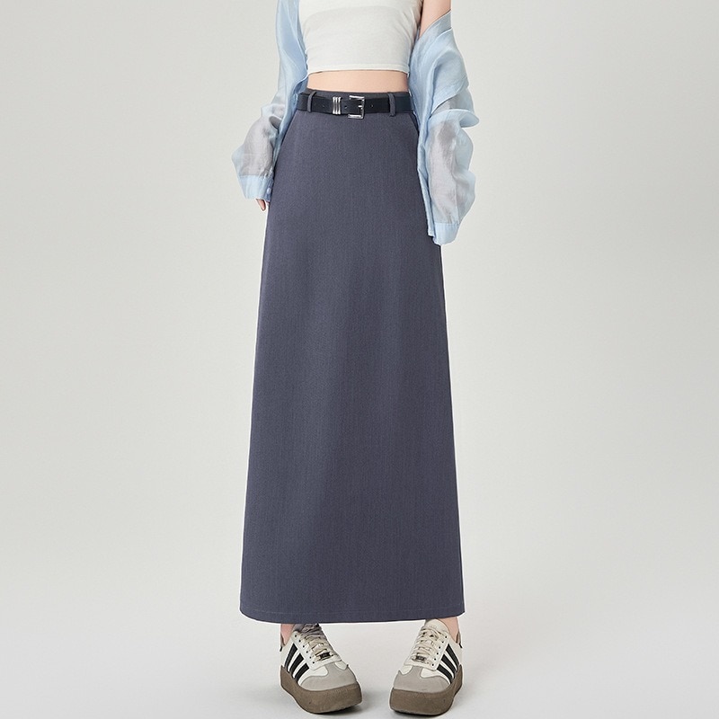 レディース スカート ボトムス 膝下 ミモレ ロング Aライン ベルト ウエストマーク スリット バックスリット ポケット ベルト付き シンプル カジュアル 上品 おしゃれ こなれ感 無地 春 夏 秋