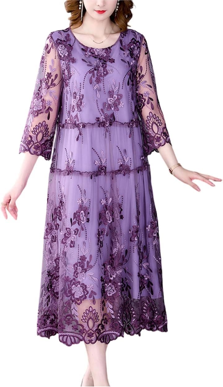パーティードレス 大きいサイズ 結婚式 ワンピース レディース フォーマル お呼ばれ 七分袖 レース Aライン 裏地あり XL( パープル　紫　ラベンダー, XL Regular)