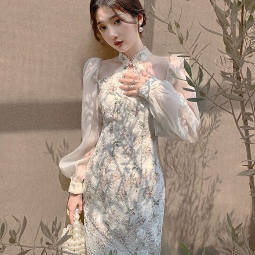 ドレス チャイナドレス パール レトロ ヴィンテージ スタンドカラー 胸元空き ロング丈 花柄 レース 長袖 きれいめ エレガント 大人可愛い ママコーデ ママファッション 韓国系