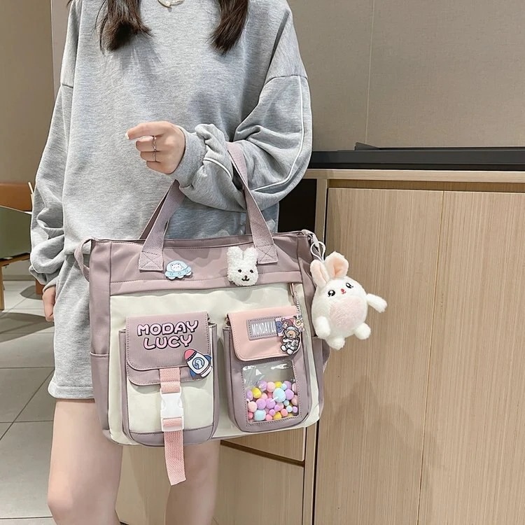 【送料無料】コントラストカラートートバッグ女性かわいい女の子ショルダーメッセンジャーバッグソフトガール補助スクー