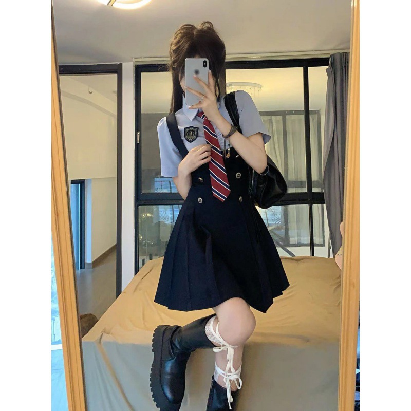 シャツワンピースカレッジスタイルjk制服ウエスト痩身半袖シャツサスペンダードレスツーピーススーツレディース夏純情スタイルスカート