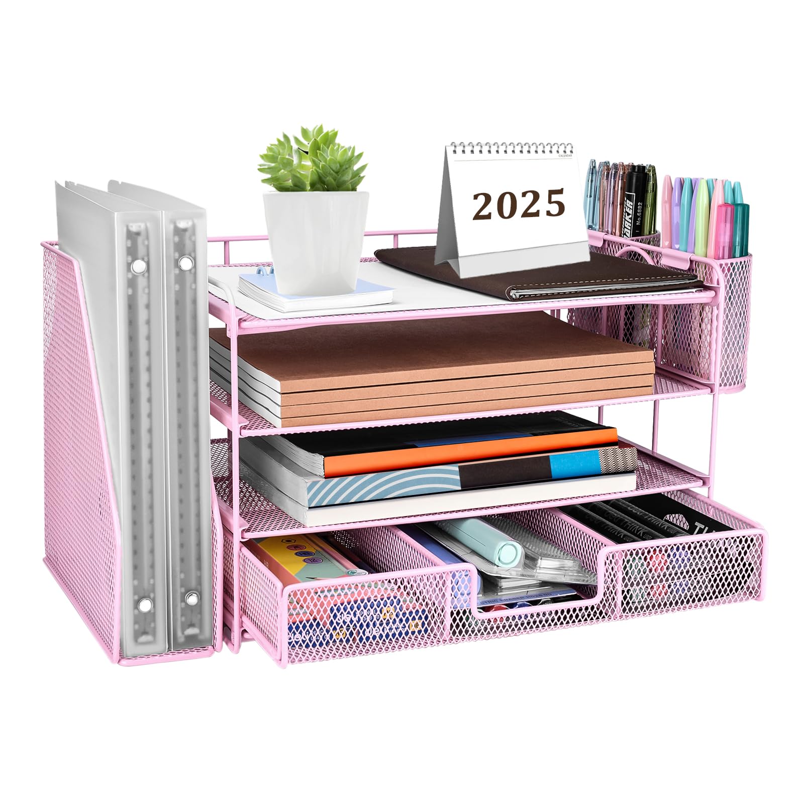 4段デスクオーガナイザーATOMUSファイルオーガナイザー2つのペンホルダー付きデスクアクセサリー＆ワークスペースオーガナイザー引き出しデザインオフィス用品用 (ピンク)