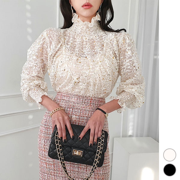 ブラウス レディース トップス 長袖 シャーリング ハイネック シースルー ラメ 上品 きれいめ セクシー 秋 冬 30代 40代 50代 韓国 to25343