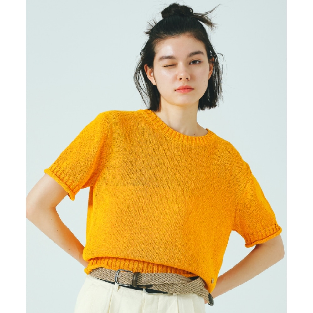 COVERNAT 女性用ペーパーヤーンラウンドネックハーフニットオレンジ