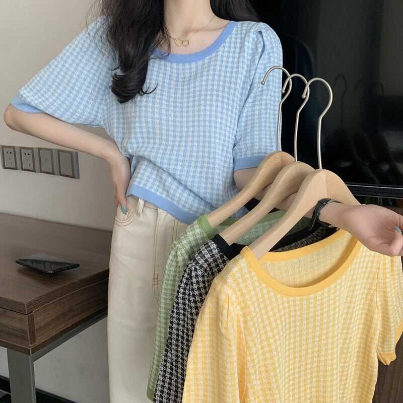 トップス Tシャツ カットソー ニットソー 袖あり 半袖 ラウンドネック スリム ギンガムチェック タック メロウ かわいい 大人可愛い きれいめ シンプル カジュアル おしゃれ 無地 春 夏 10代 5,170円