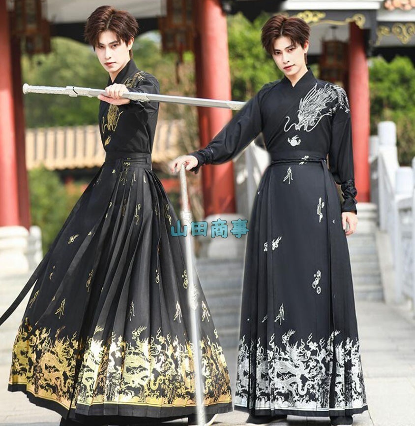 中華風コスプレ衣装 メンズ漢服唐装 金/銀龍刺繍 中華伝統的漢服 交差襟 マキシ丈スカート　巻きスカート 中華風 コスチューム 龍プリント 広がるスカートメンズ中華古風コスプレ衣装 漢服　チャイナ舞台