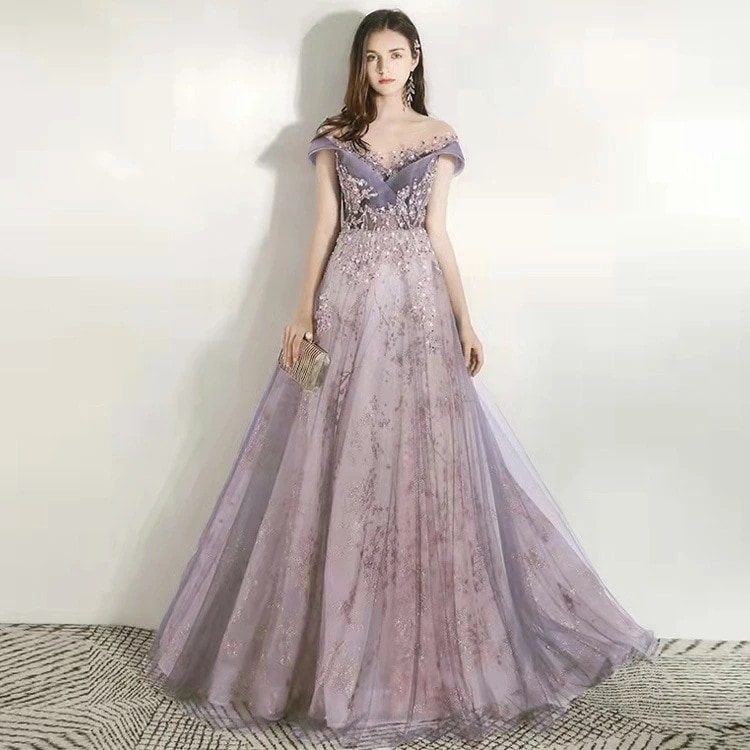 全4色 イブニングドレス ロングドレス パープル 発表会ドレス ピンク グレー ゴールド 金色 パーティードレス ロング 結婚式ドレス 二次会ドレス キラキラ キレイめ Aライン ドレス XS S M