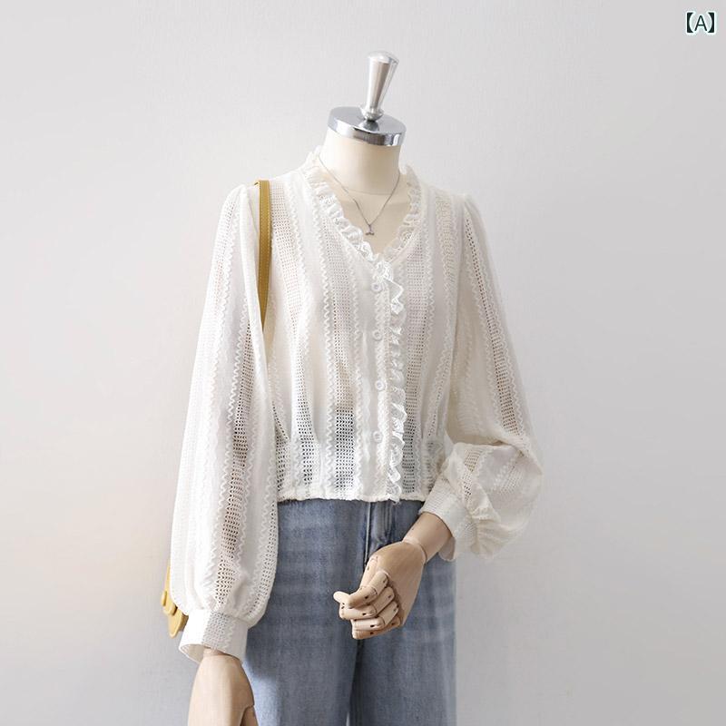 レディース シャツ ブラウス 長袖 春夏 白 レース フリル 透け感 シースルー Vネック 薄手 ランタンスリーブ アウターウェア 軽量 ボヘミアン エレガント フェミニン カジュアル