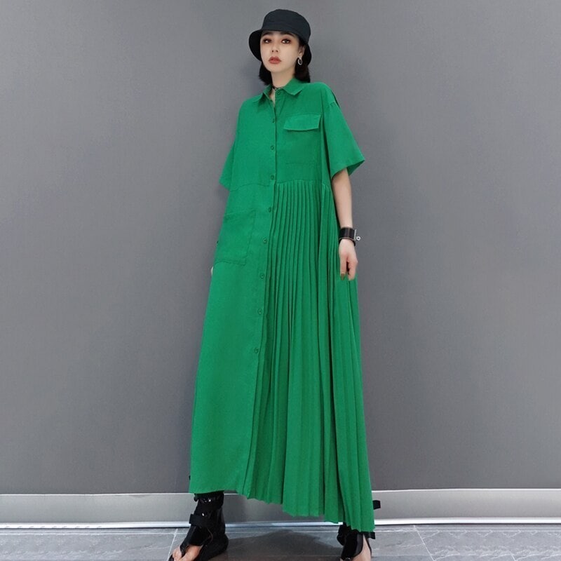 【送料無料】レディース 大人 半袖 リュクス プリーツ シャツワンピース 大人可愛いシャツワンピ