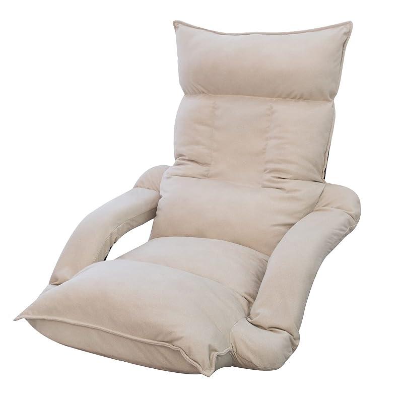 WAVV 座椅子 ひじ掛け付き 低反発 肘掛けリクライニング 1人掛け背もたれ頭部 14段階調整 フロアチェア ハイバック座椅子 折り畳み可能 (ベージュ)