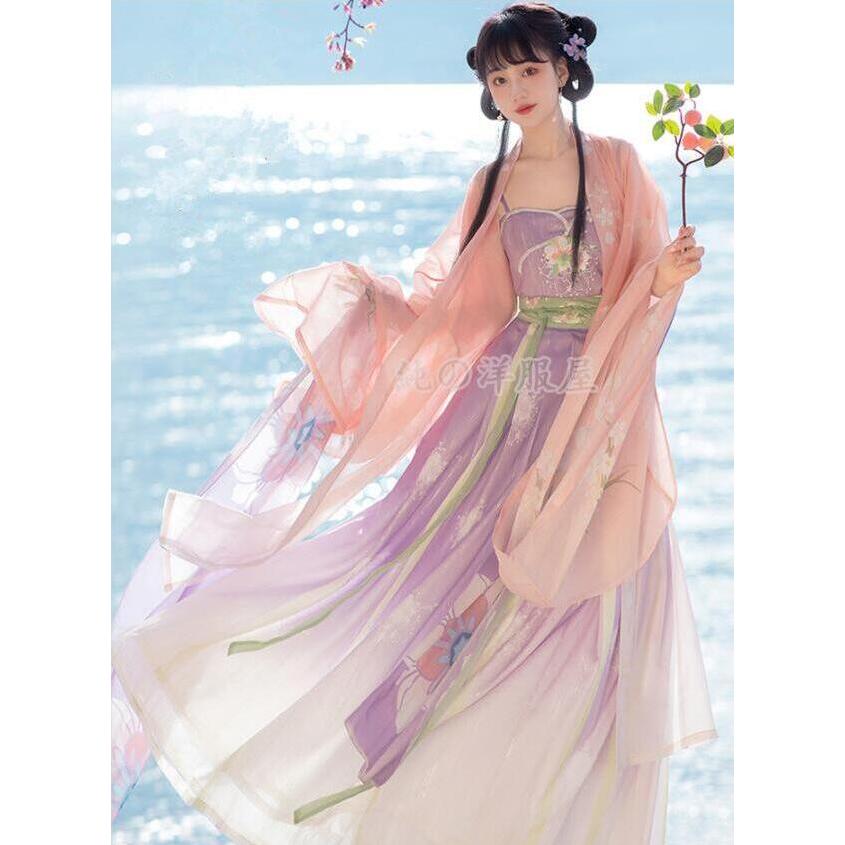 オリジナル漢服 中国風ステージコスプレ衣装 プリント羽織+刺繍キャミソール+スカート+ショール4点セット コスチューム イベント 学園祭パーティーダンス衣装30%までに制限