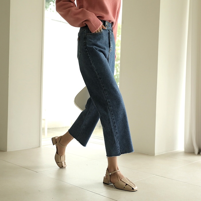[韓国ファッション] 2つボタン ハイウエスト 9分丈 ワイドストレートデニムパンツ