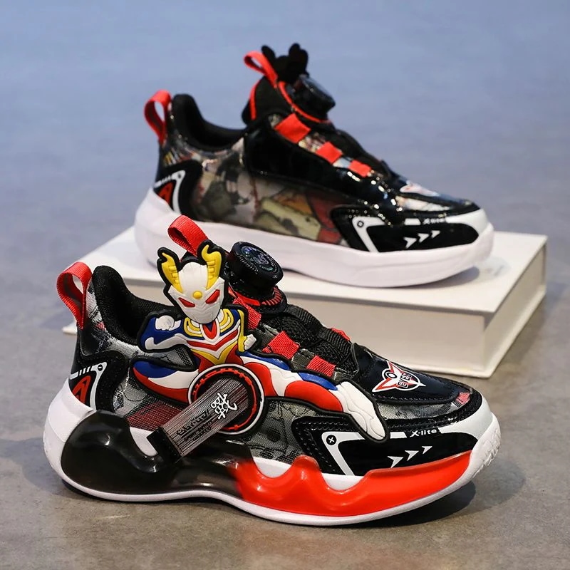 ウルトラマン男児靴回転ボタンスポーツシューズ秋の子供の中の子供のカジュアルランニング靴は柔らかい底が軽い