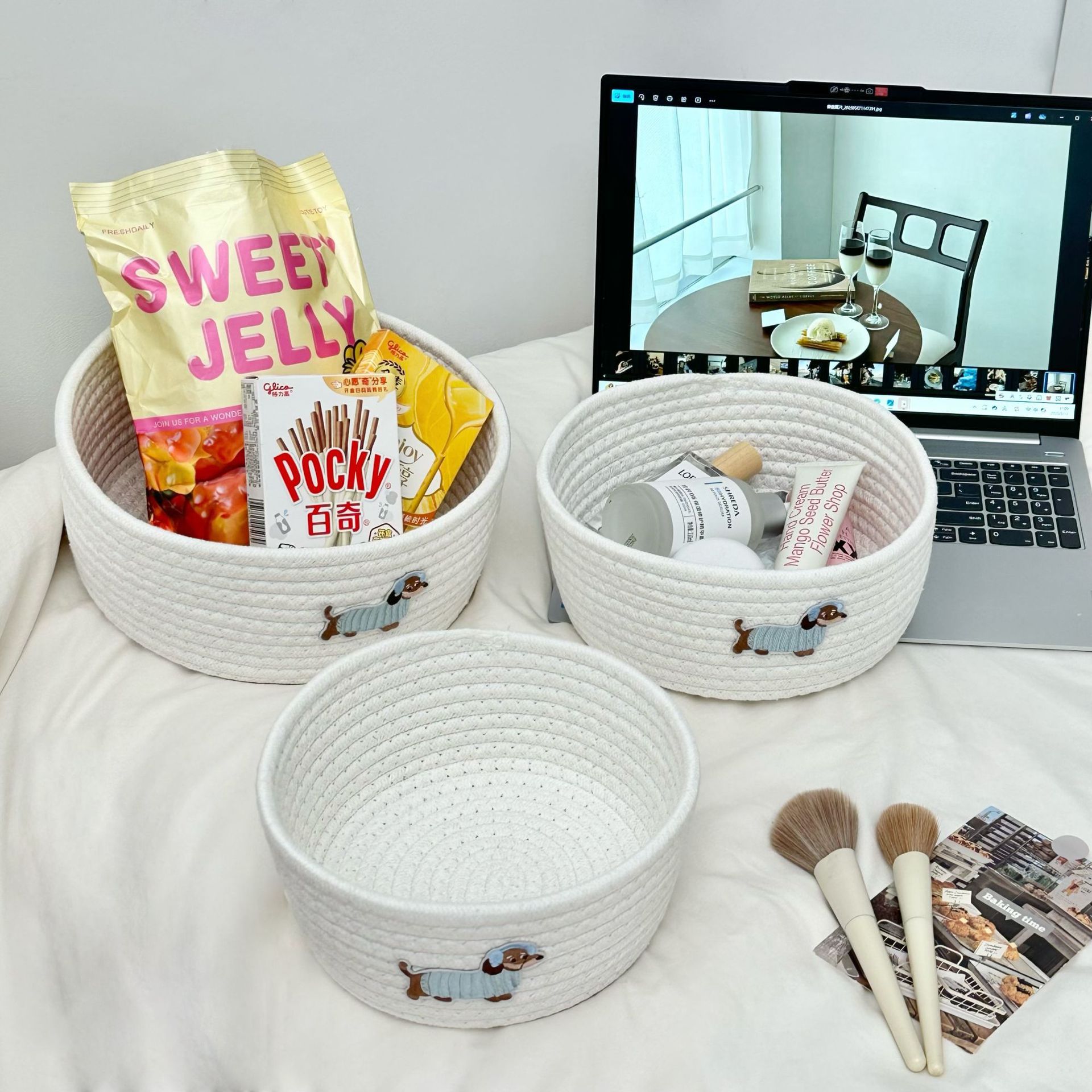 【20点セット】【送料無料】デスクトップカートゥーンブルーイヤホン犬綿糸かご収納ケース編み物入れかごおやつおもちゃ雑物綿糸収納かご