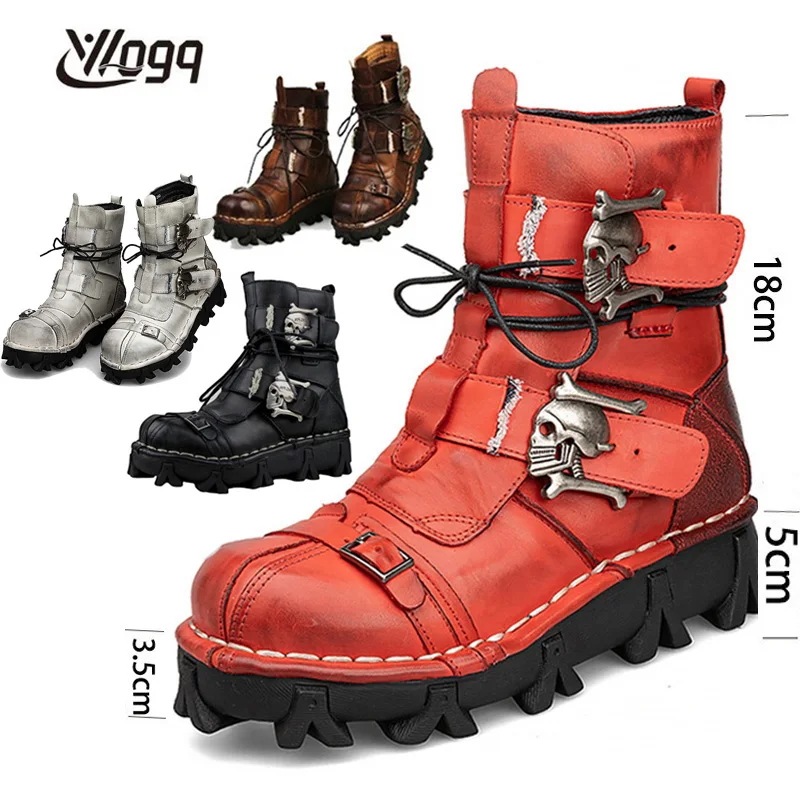 メンズ本革モーターサイクルブーツ ミリタリーブーツ ゴシック スカル パンク ウエスタンファッション タクティカルブーツbotas50