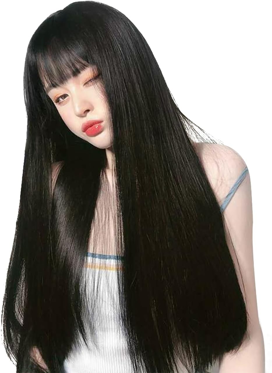 ロングストレートウィッグ 黒髪 耐熱 ネット付き