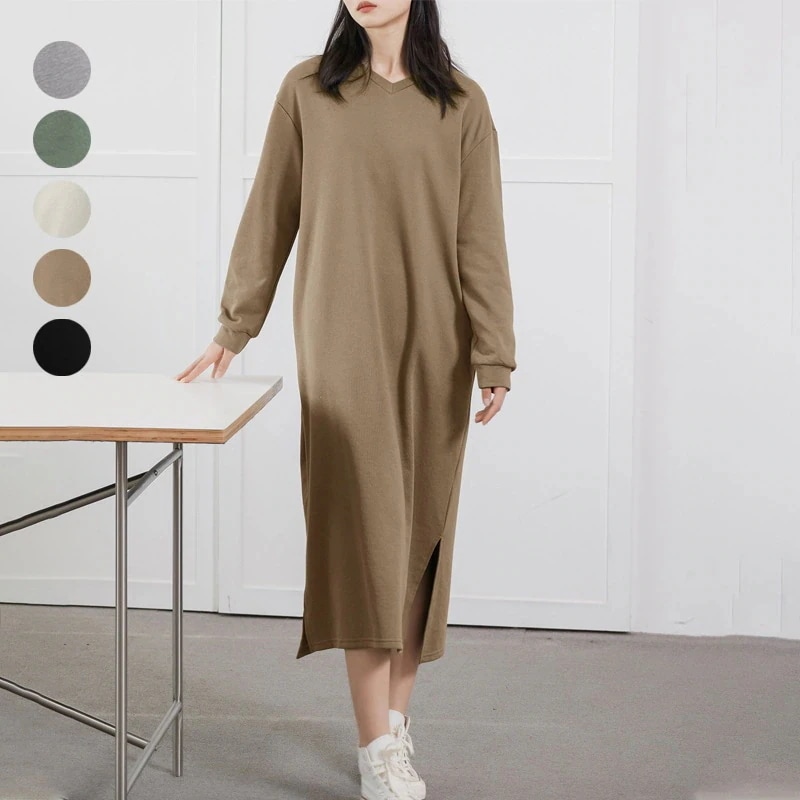 韓国ファッション 日系 ロング ワンピース 高級感 スウェット ワンピース 秋服 長袖 カジュアル ワンピース