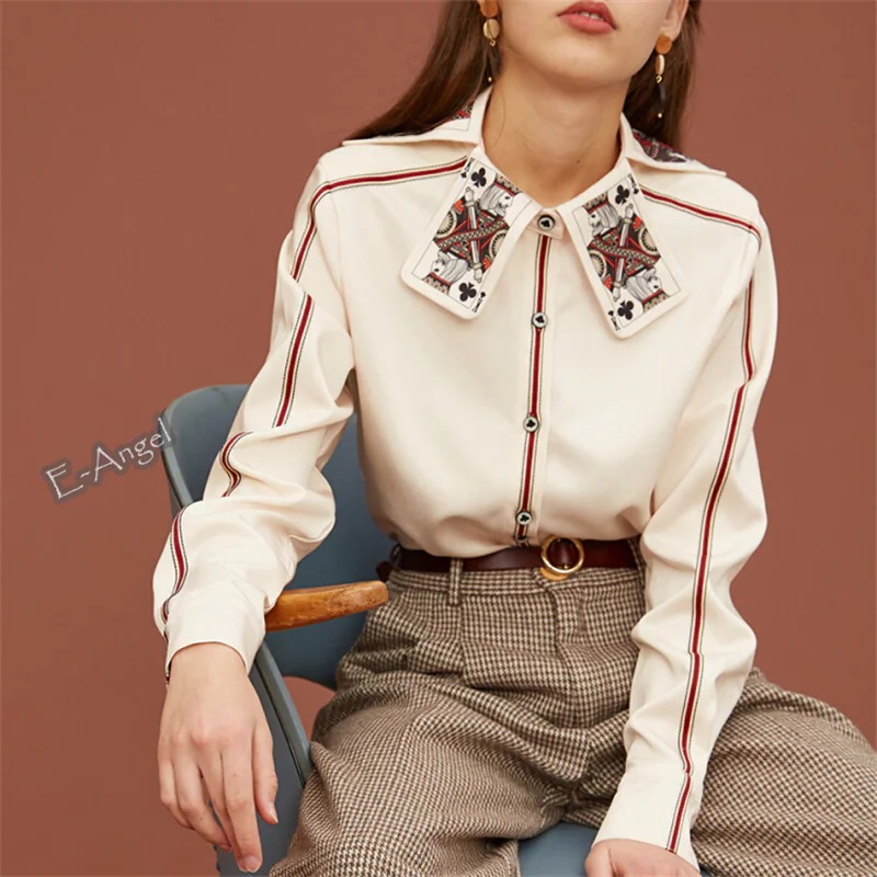 【快速出荷】シャツ ブラウス 長袖 レディース トランプ柄 ベージュピンク ポーカー コスプレ 黒色クラブ 切り替え きれいめ トップス オリジナル モダン 個性的