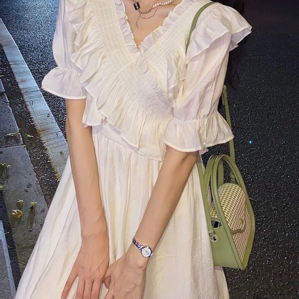 夏 きれいめシフォン ワンピース Vネックロングスカート セクシー パーティードレス ホワイト Aラインスカート