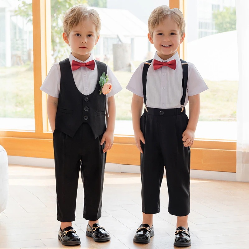 男の子 スーツ 中小児 半袖 シャツ ベスト サロペット セット 発表会 司会 礼服