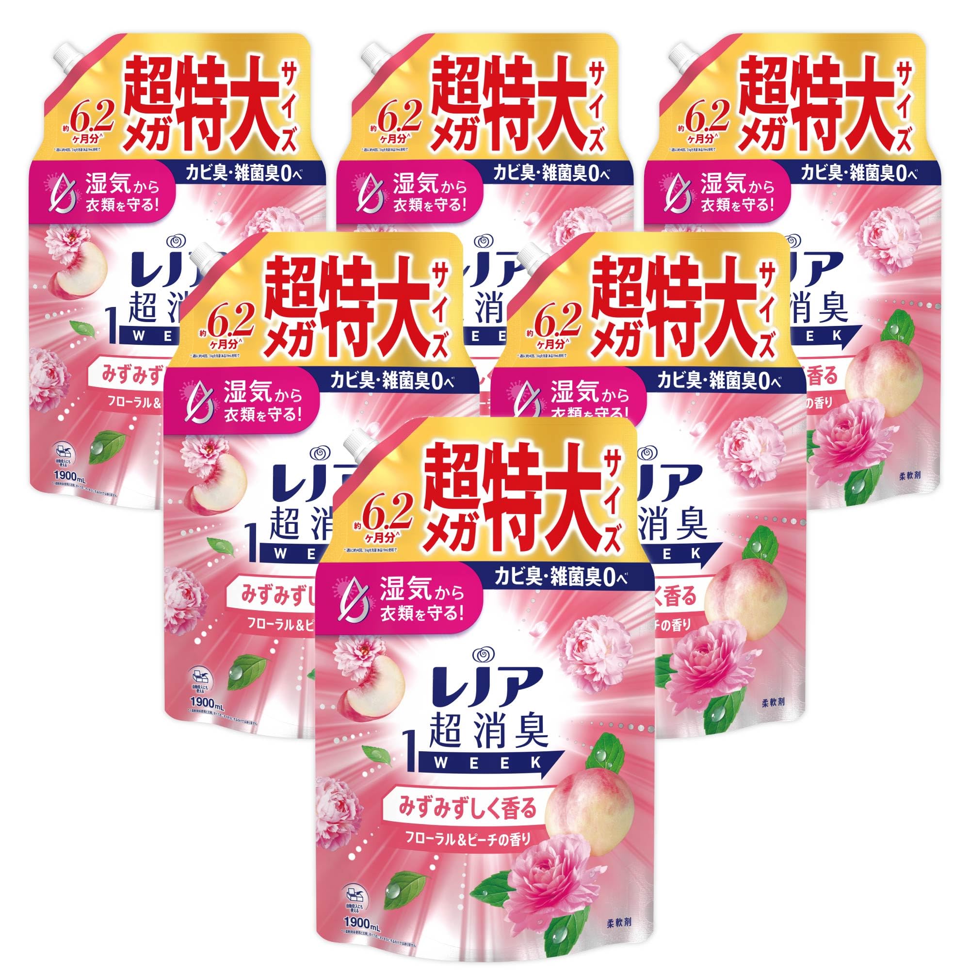 レノア 超消臭1WEEK 柔軟剤 みずみずしく香るフローラル&ピーチの香り 詰め替え 1900mLｘ6袋 [大容量] [ケース品]