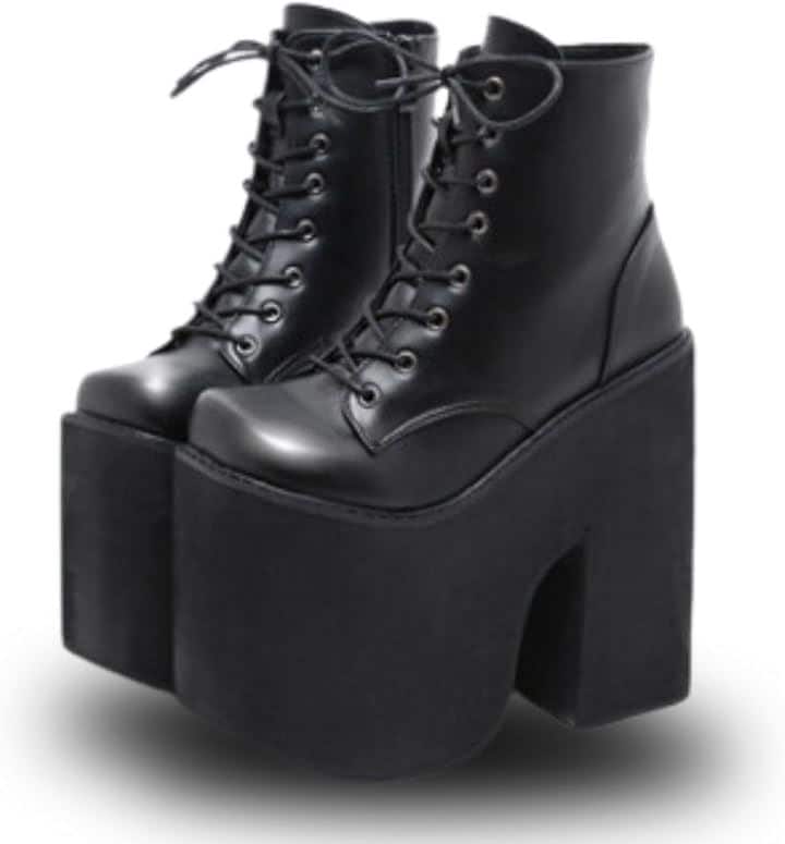ブーツ 超 厚底 レディース 16cm サイドジッパー ショート レースアップ 編み上げ 太ヒール コスプレ シンプル ライブ 身長アップ ゴスロリ(ブラック, 24.5 cm)