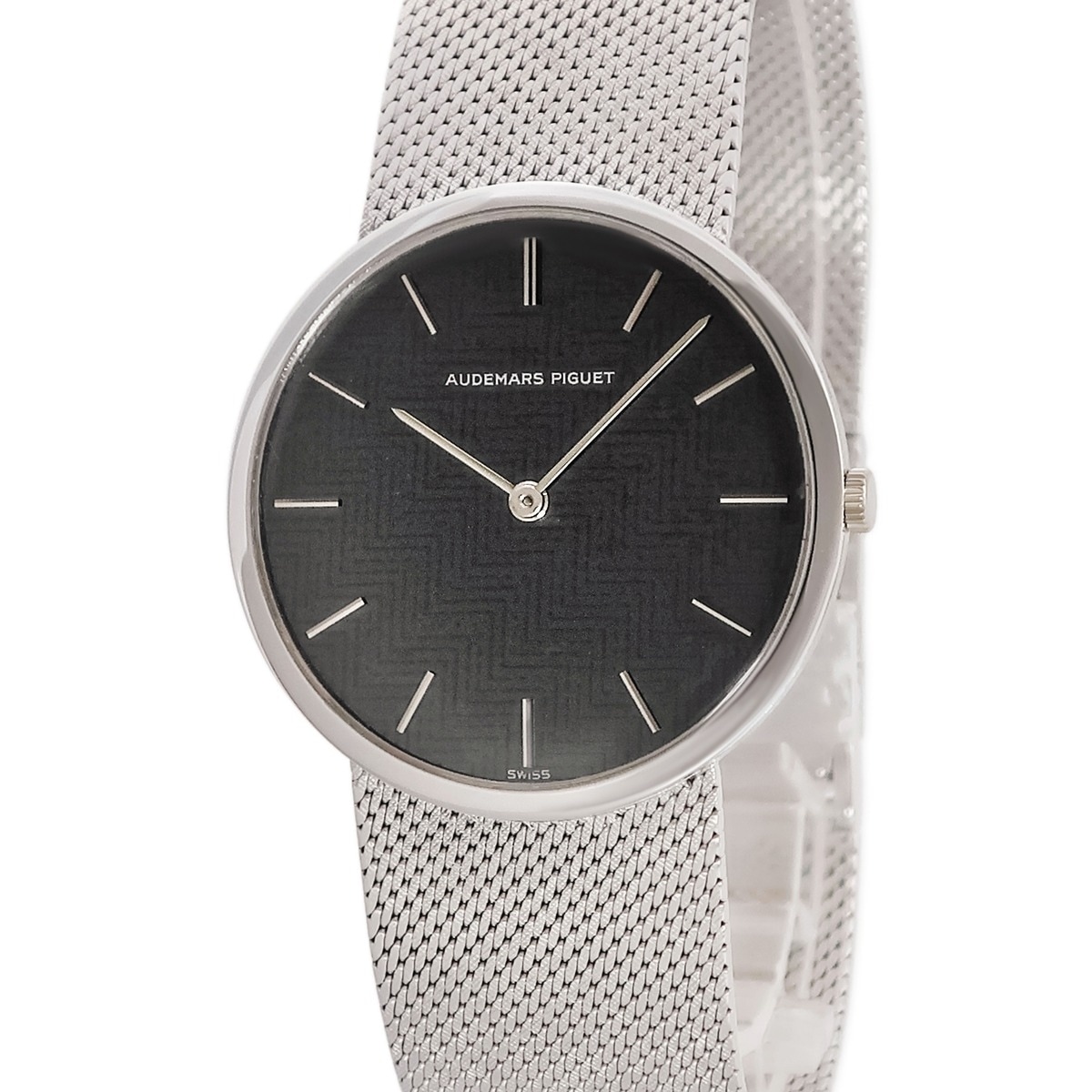 手巻き メンズ K18WG無垢 ホワイトゴールド ブラック 黒 一体型メッシュブレス ラウンド 3年保証 543,840円