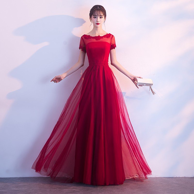 ロングドレス 演奏会 安い カラードレス 赤 花嫁 カクテルドレス 結婚式 イブニングドレス 半袖 二次会 フォーマル 発表会 パーティードレス コンサート