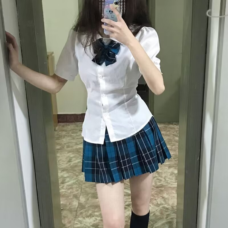 【1つ買うと10つ無料】夏のjkユニフォームパフスリーブシャツ甘くてスパイシーな純粋なスリムフィットとウエストハギングシャツの女性