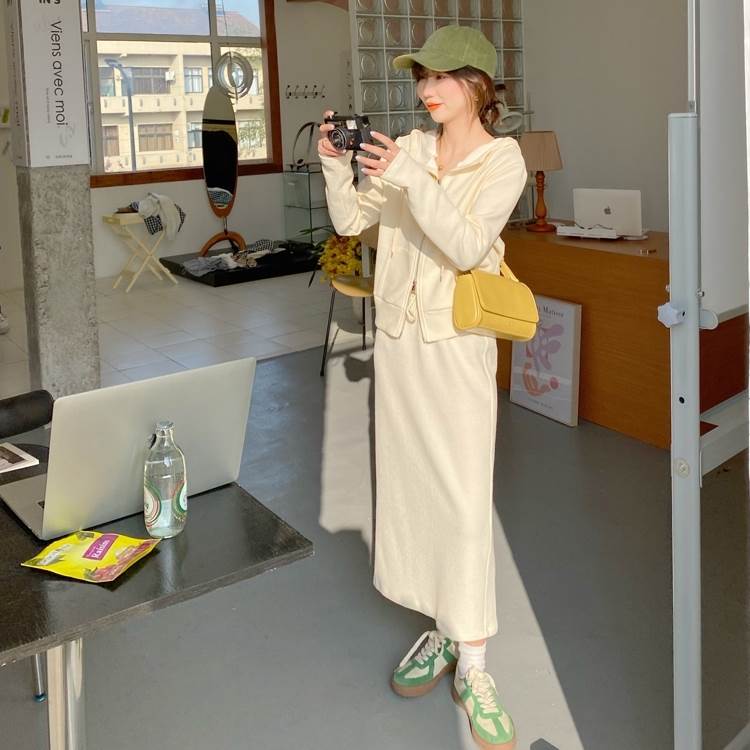 贩売促进 セットアップ パーカー スカート ロングスカート ペンシルスカート フーディー フード リブ ワッフル 上下セット 春 秋 かっこいい 長袖 個性的 襟付き ピンク アプリコット ジップ ジ