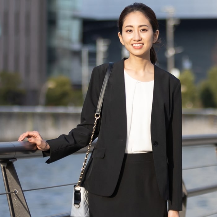 ノーカラージャケット レディース ノーカラー ジャケット アウター オフィス ビジネス シンプル リクルート 裏地 春 夏 ブラック ネイビー チャコール S M L LL 3L 4L 5L 七五三