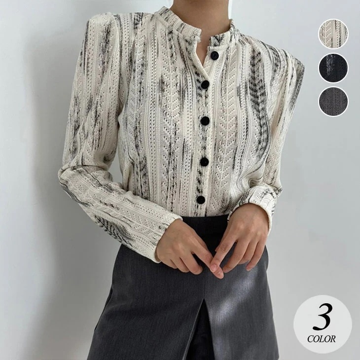 カーディガン レディース ラウンドネック ブルーミング パンチング パッド入り ショルダー きれいめ お洒落 カジュアル 長袖 スリムフィット 韓国ファッション