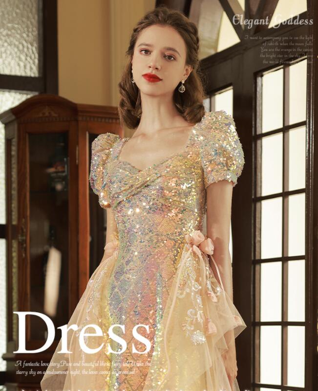 凄く人気がある レディースドレス フランス風 パーティードレス 高級感 キレイめ ロングドレス お姫様 プリンセス風 チュールスカート ラメ感 スパンコール 半袖ワンピース レディースワンピース 成人