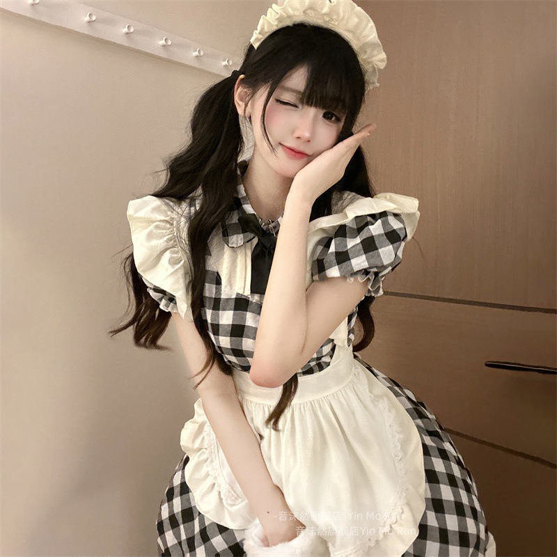 コスプレ　ハロウィン正規品クラシック白黒格lolitaワンピース甜妹可爱い系メイド服cos服 アニメコスチュームロリスカート