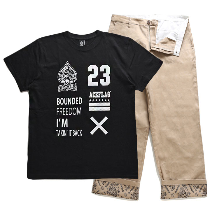 ACE FLAG 上下セット 半袖 ブランド Tシャツ ペイズリー柄 ロングパンツ チノパン 上下 セットアップ メンズ 春夏用 黒 大きいサイズ エースフラッグ